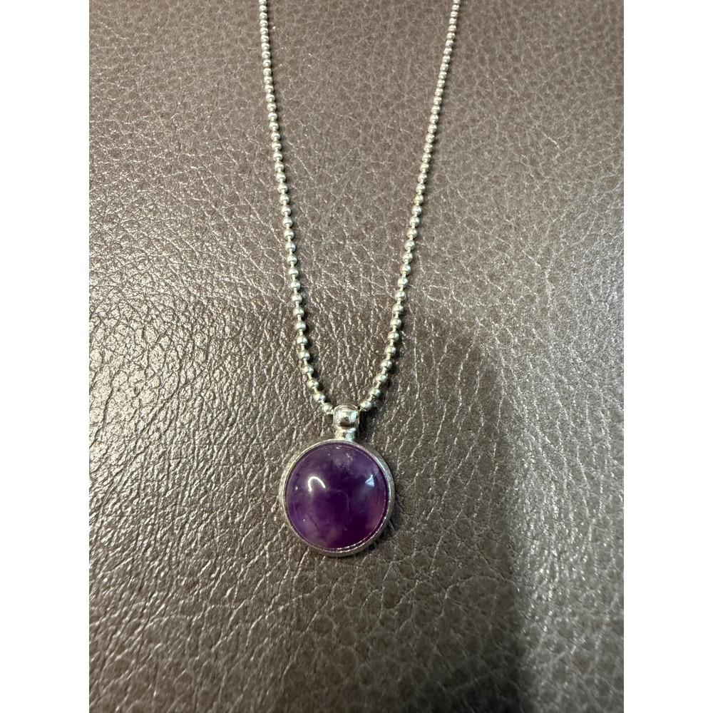 LBVYR Silver tone Amethyst Cabochon Pendant‎ Ball Chain Necklace Purple Stone
